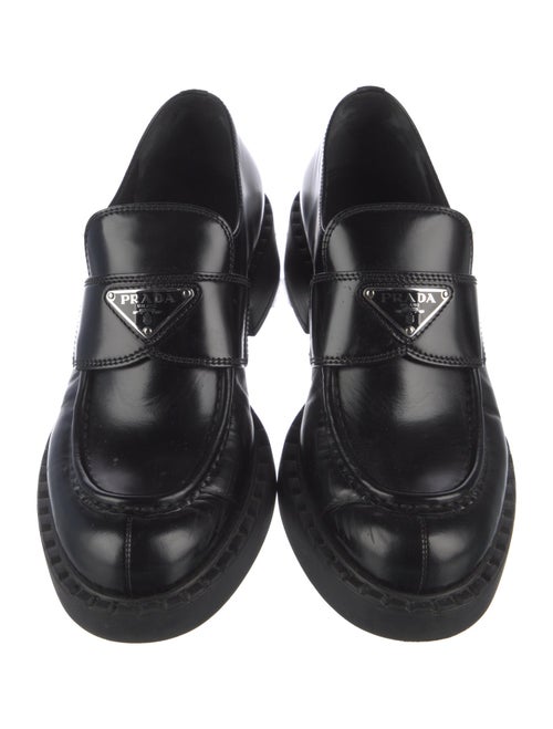 Prada Enameled Metal Triangle Leather Loafers