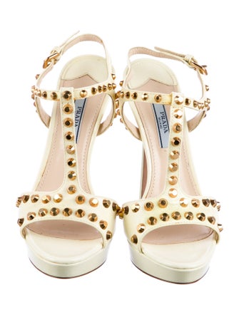 Prada Patent Leather Studded Accents T-Strap Sandals