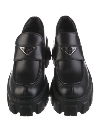 Prada Enameled Metal Triangle Leather Oxfords