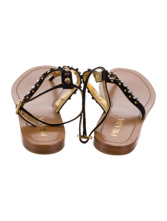Prada Suede Beaded Accents T-Strap Sandals