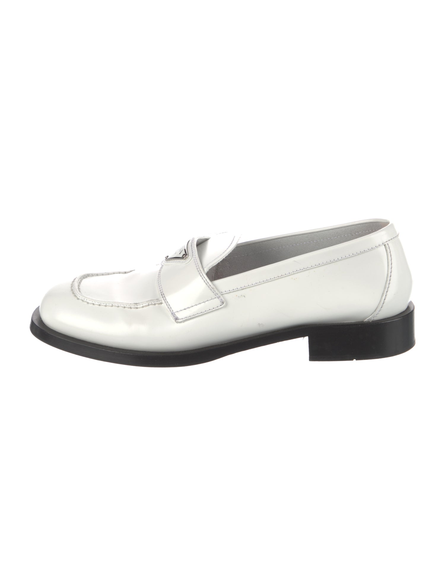 Prada Enameled Metal Triangle Patent Leather Loafers