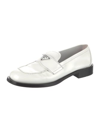Prada Enameled Metal Triangle Patent Leather Loafers