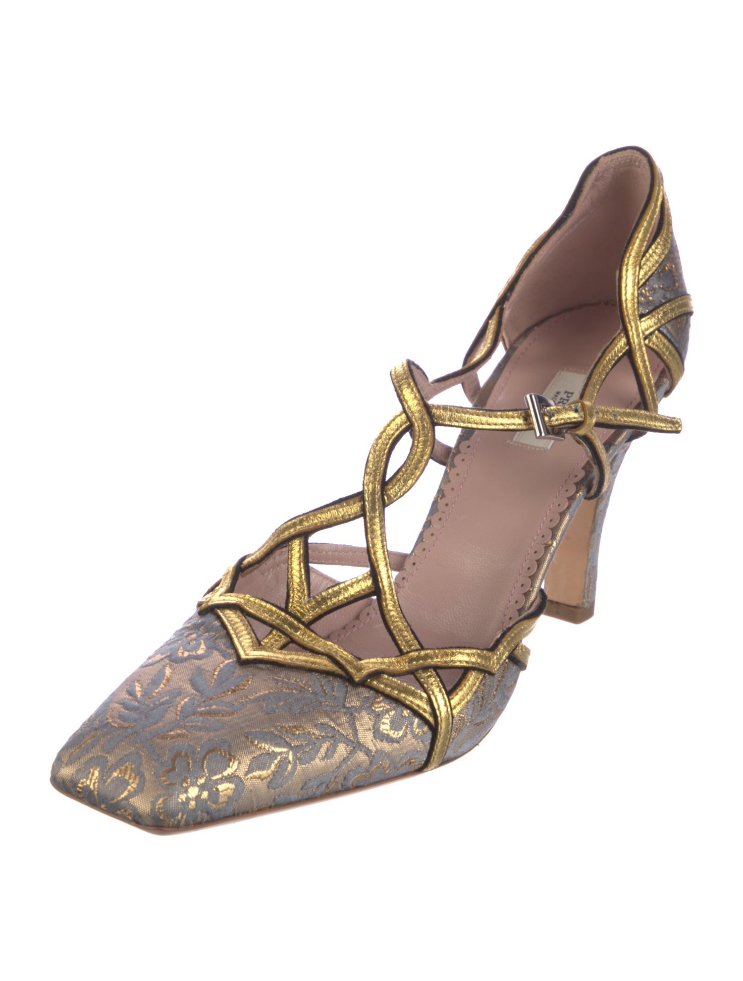 Prada Floral Print Leather Trim Embellishment T-Strap Pumps