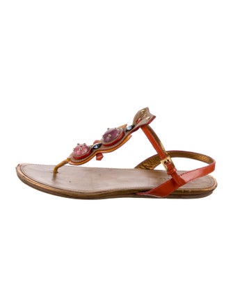 Prada Patent Leather Crystal Embellishments T-Strap Sandals