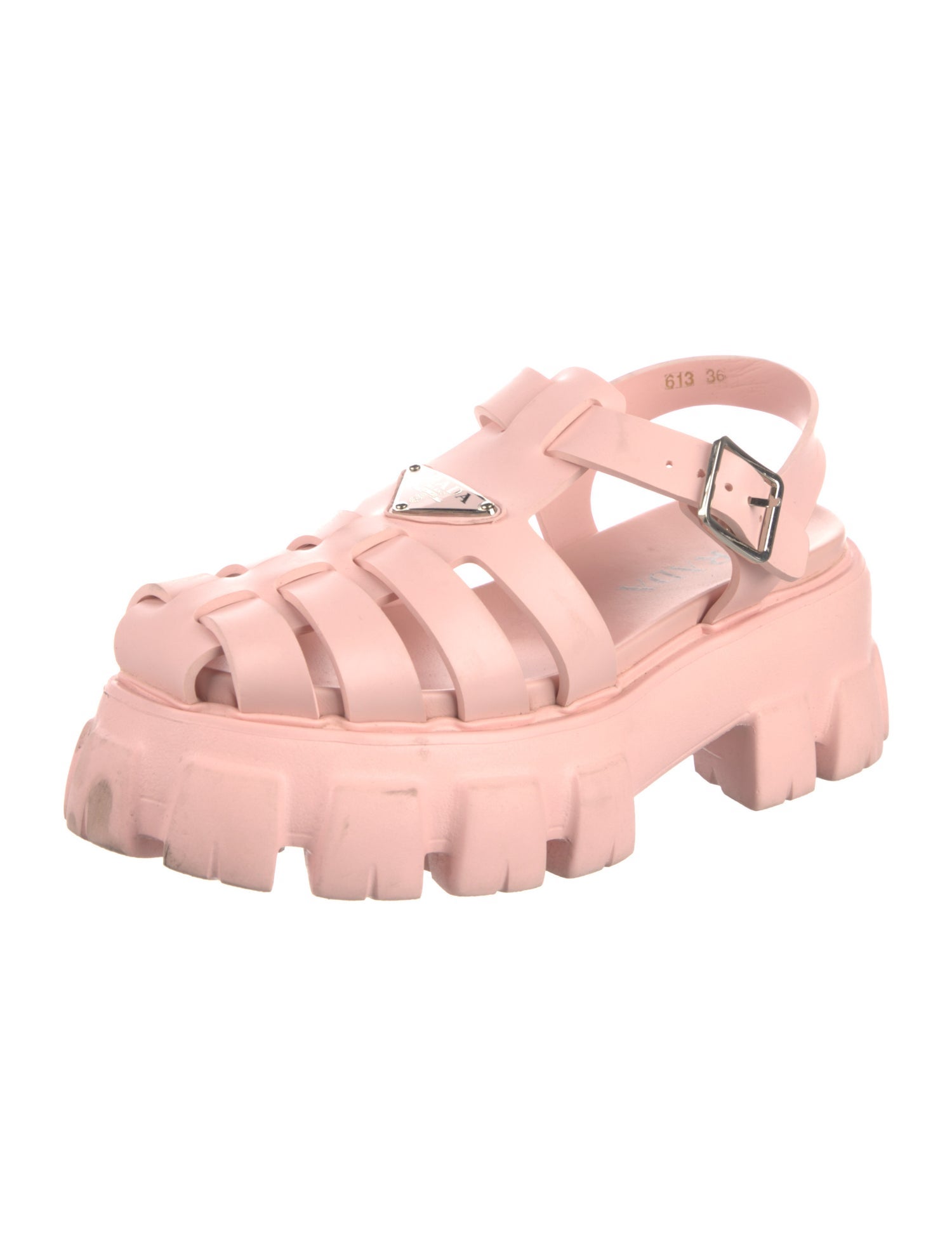 Prada Enameled Metal Triangle Rubber Gladiator Sandals