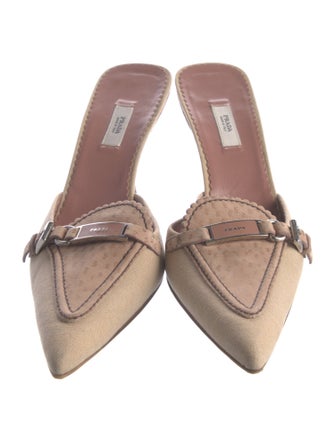 Prada Canvas Leather Trim Embellishment Mules