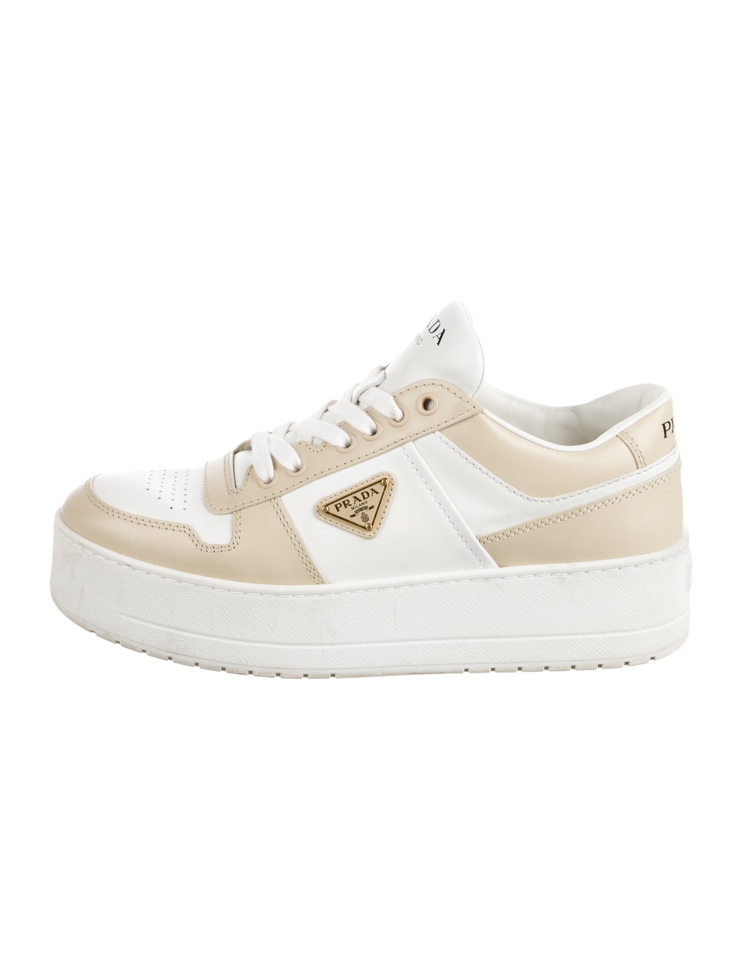 Prada Enameled Metal Triangle Leather Sneakers