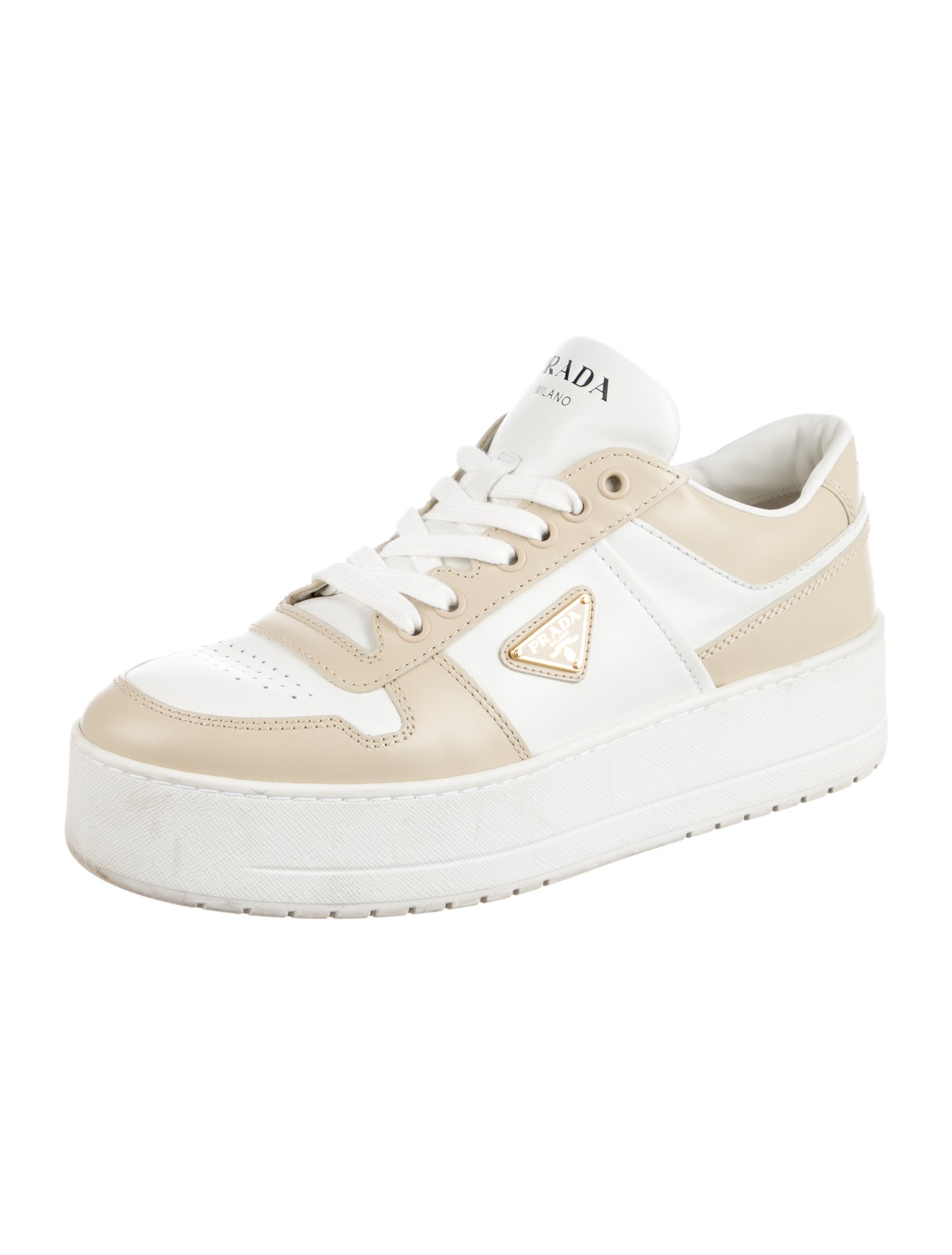 Prada Enameled Metal Triangle Leather Sneakers
