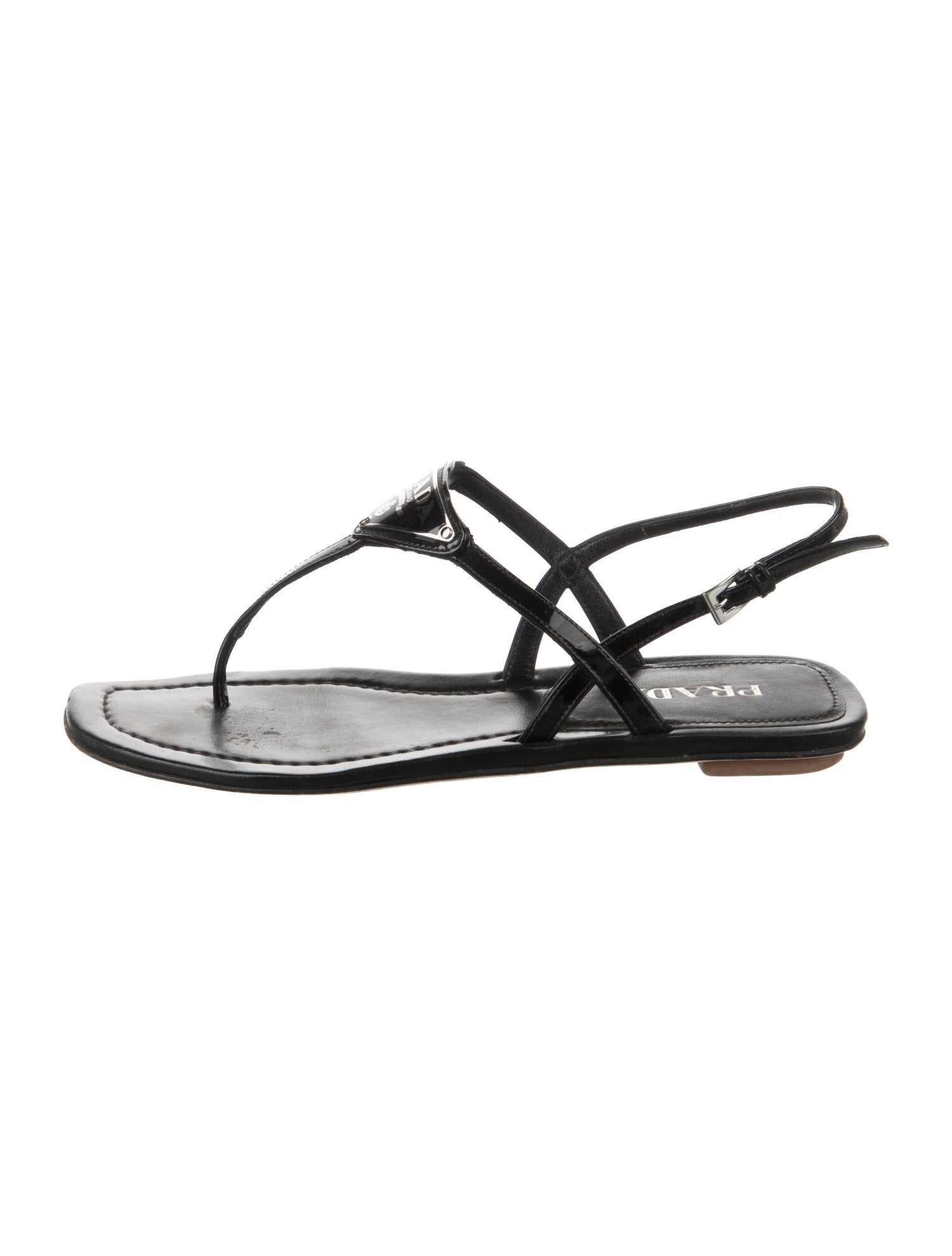 Prada Enameled Metal Triangle Leather T-Strap Sandals