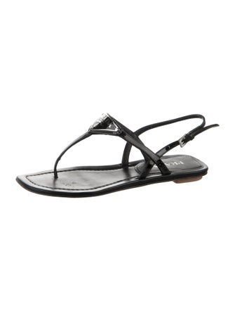 Prada Enameled Metal Triangle Leather T-Strap Sandals