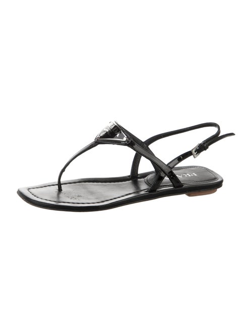 Prada Enameled Metal Triangle Leather T-Strap Sandals
