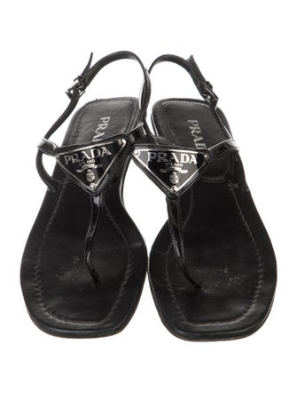 Prada Enameled Metal Triangle Leather T-Strap Sandals