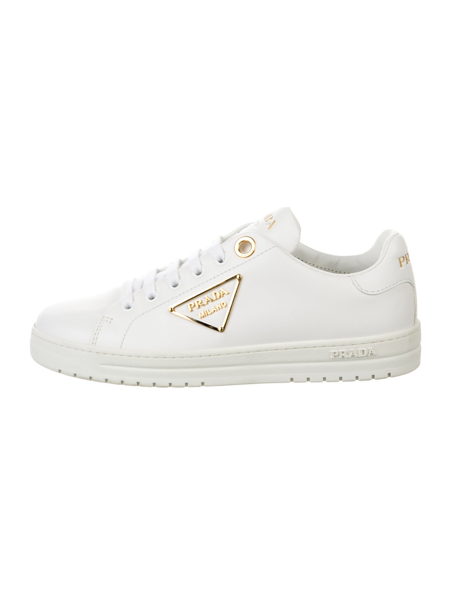 Prada Enameled Metal Triangle Leather Sneakers