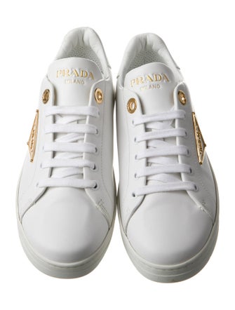 Prada Enameled Metal Triangle Leather Sneakers