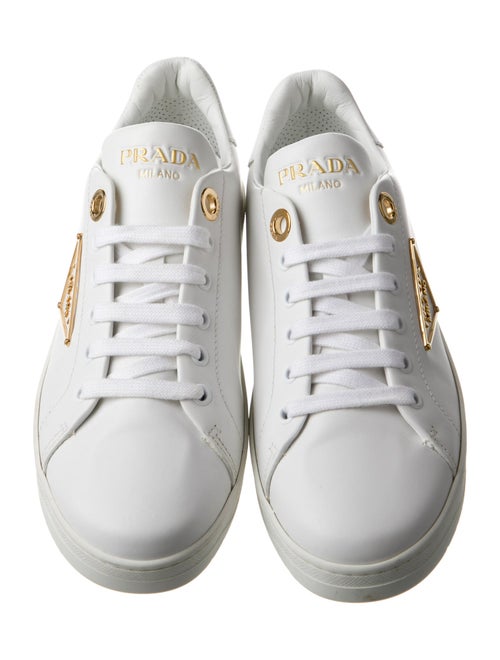 Prada Enameled Metal Triangle Leather Sneakers