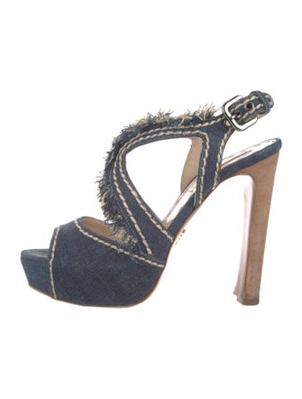 Prada Denim Fringe Trim Accent Slingback Sandals