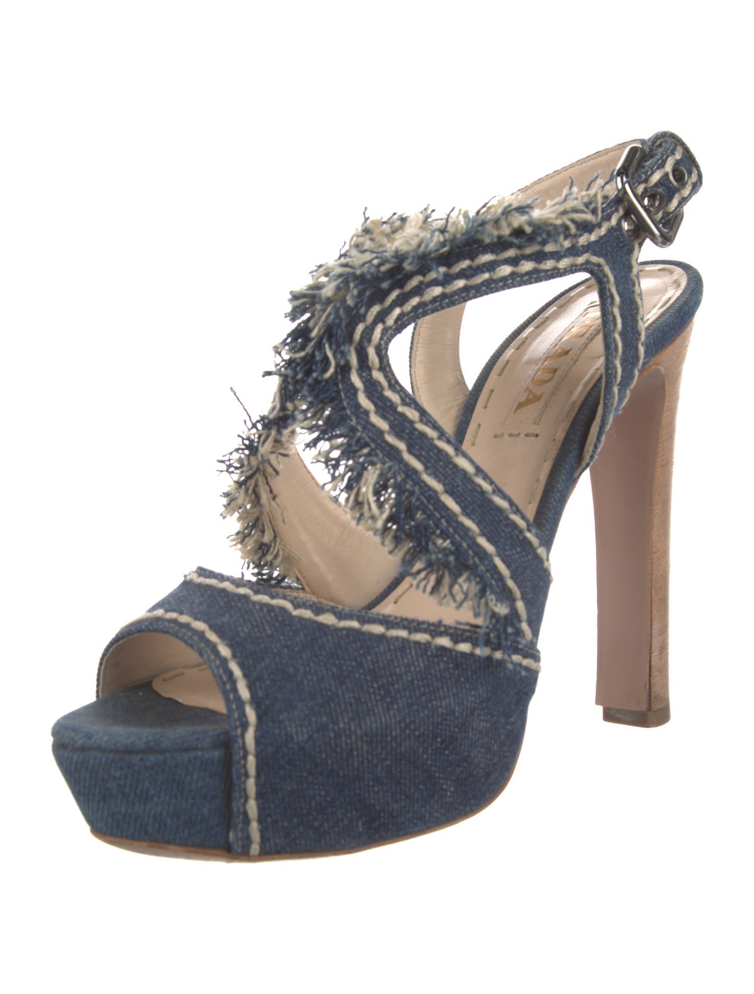 Prada Denim Fringe Trim Accent Slingback Sandals