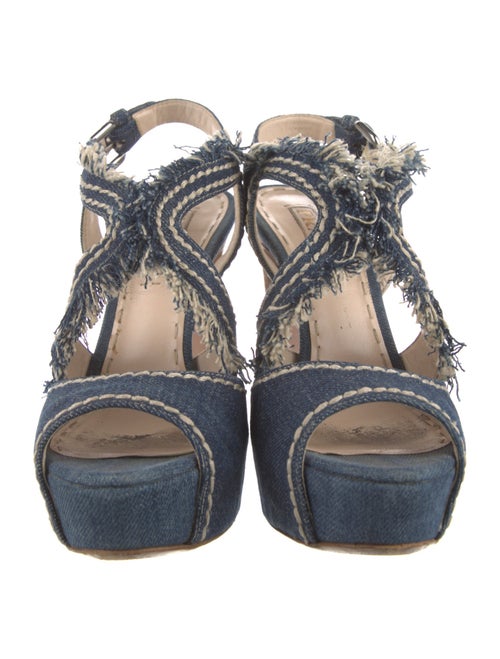 Prada Denim Fringe Trim Accent Slingback Sandals