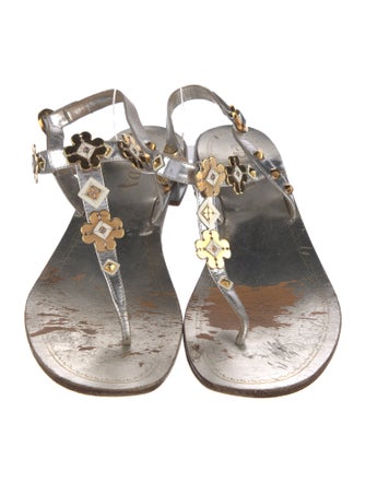 Prada Leather Studded Accents T-Strap Sandals