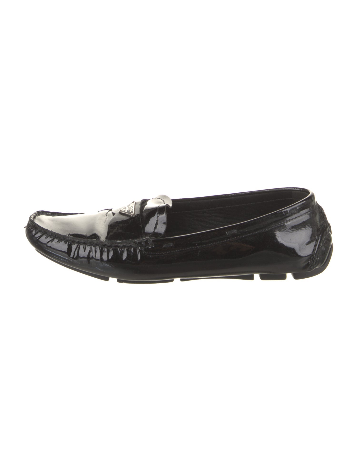 Prada Enameled Metal Triangle Patent Leather Loafers