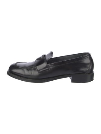 Prada Enameled Metal Triangle Leather Loafers