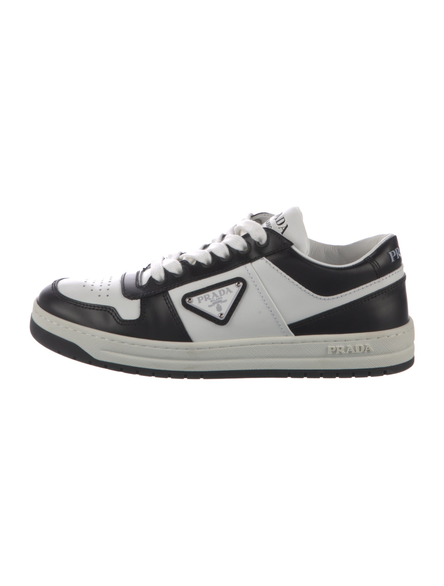 Prada Enameled Metal Triangle Leather Sneakers