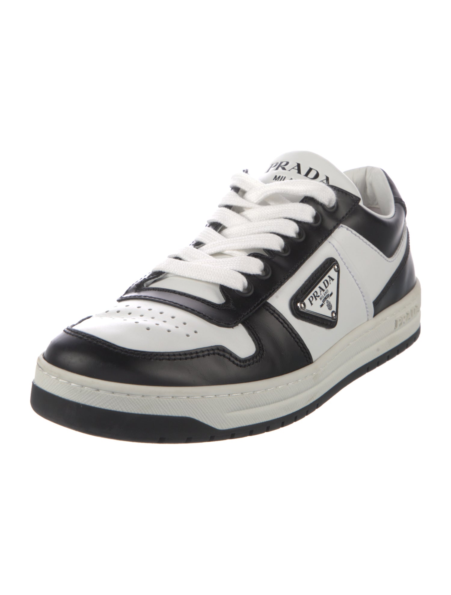 Prada Enameled Metal Triangle Leather Sneakers