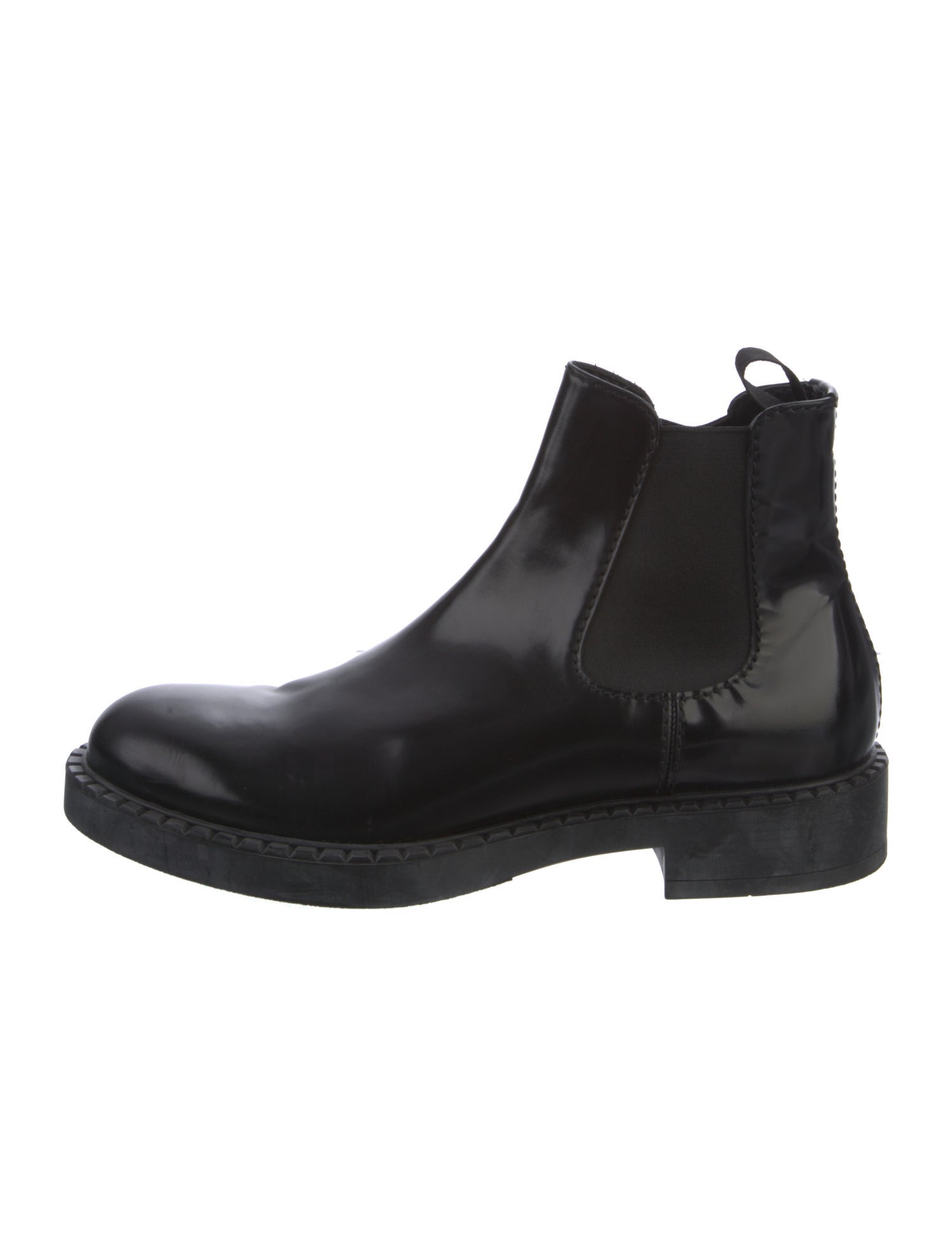 Prada Patent Leather Embroidered Accent Chelsea Boots