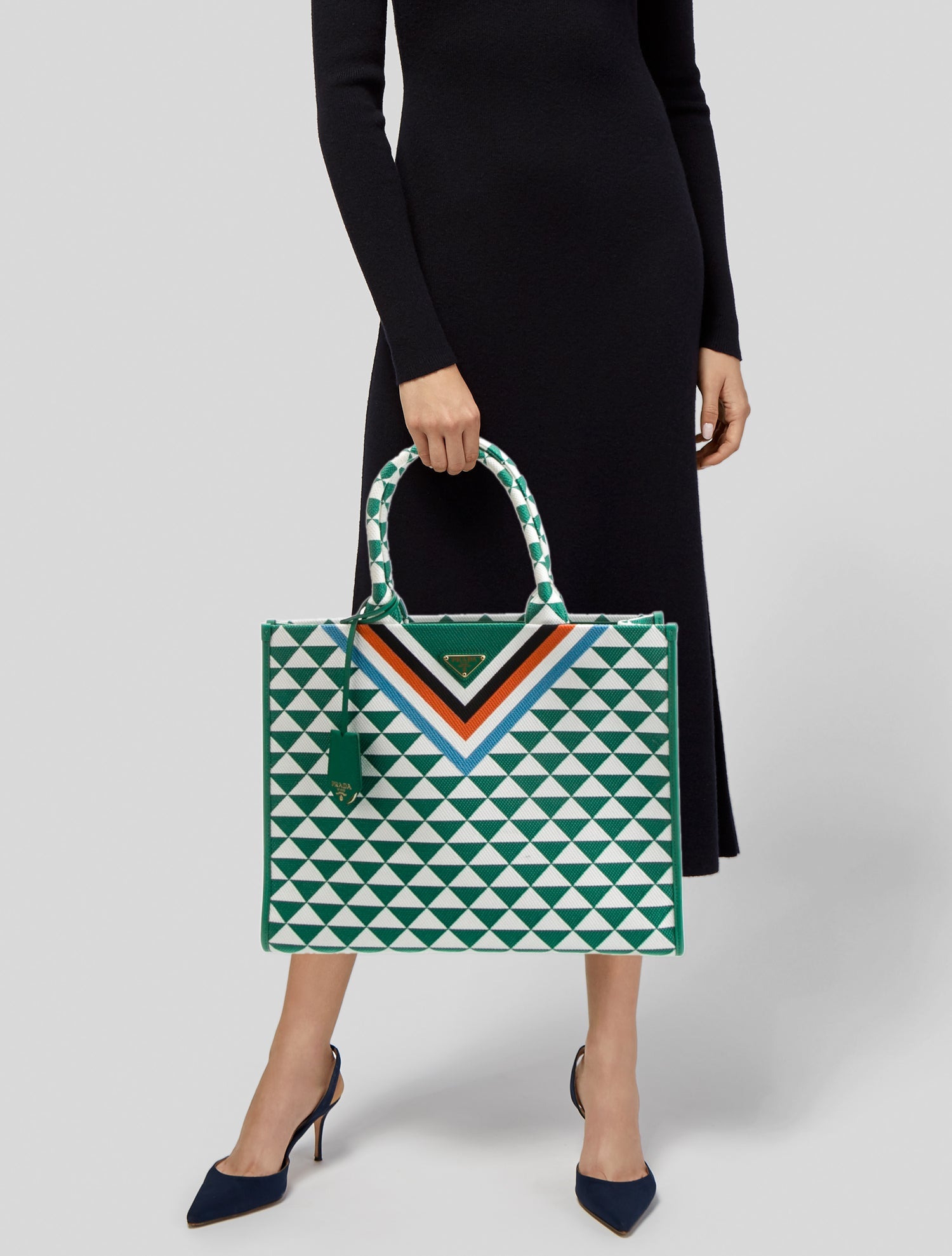 Prada Enameled Metal Triangle Jacquard Saffiano Triangolo Symbole Embroidered Large Tote Green