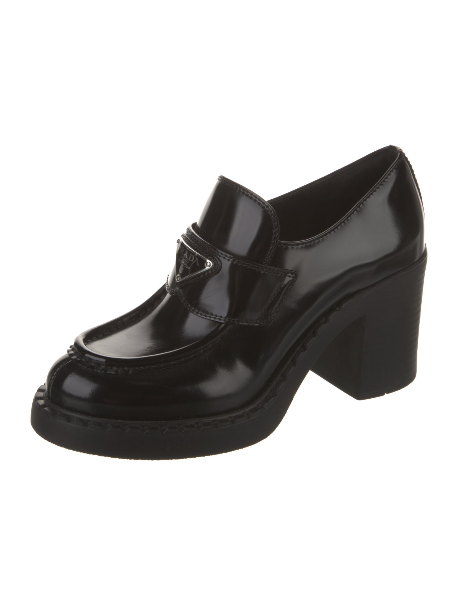 Prada Enameled Metal Triangle Leather Pumps