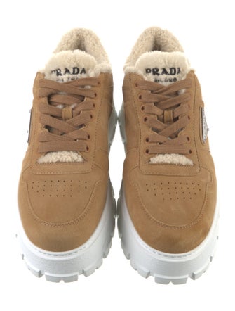 Prada Enameled Metal Triangle Suede Sneakers