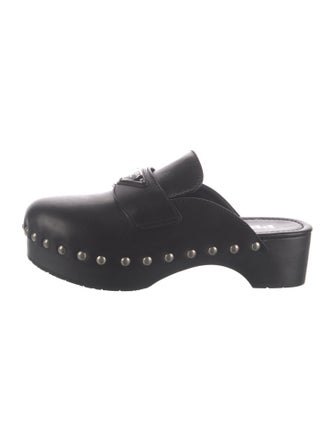 Prada Enameled Metal Triangle Leather Mules