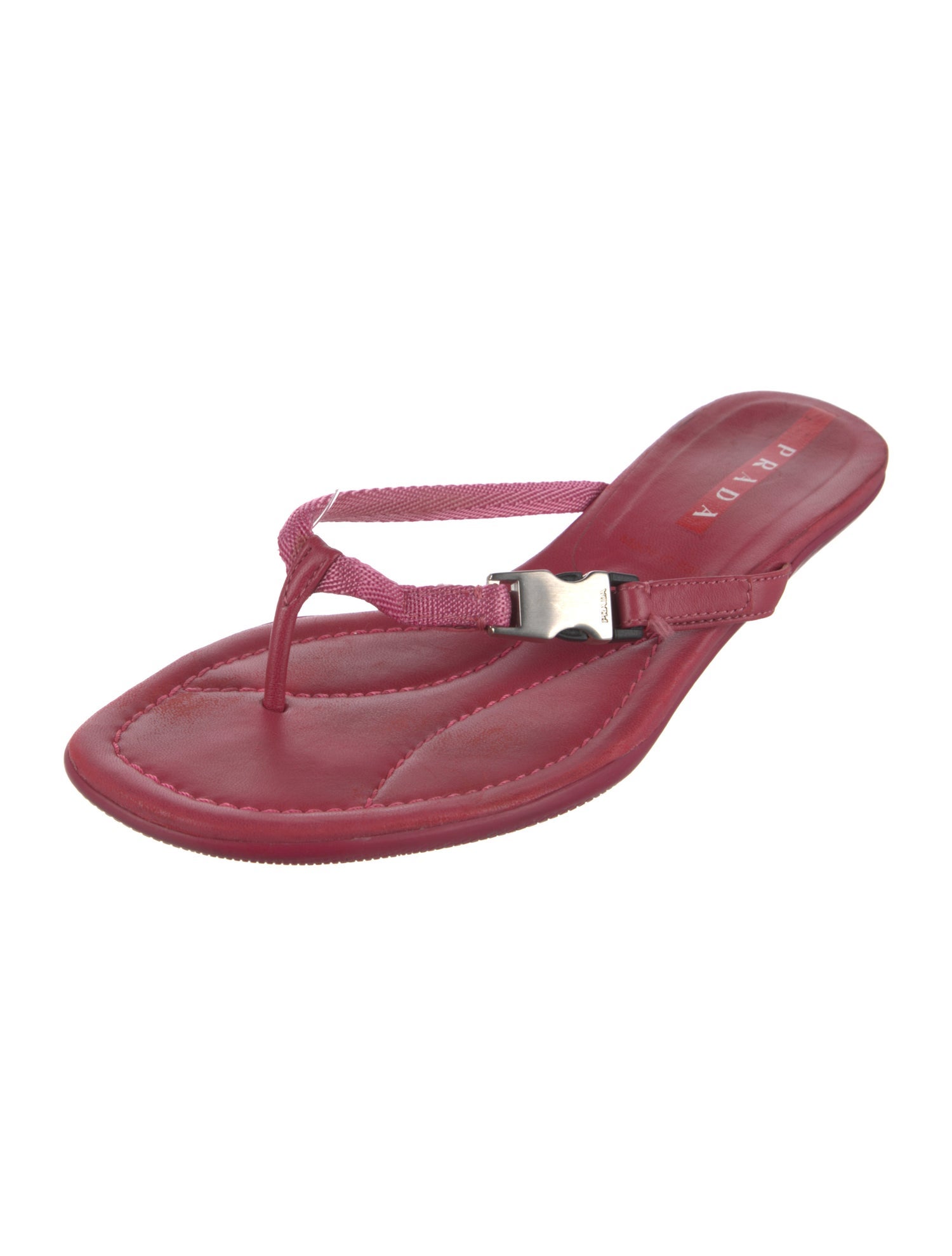 Prada Enameled Metal Triangle Leather Slides