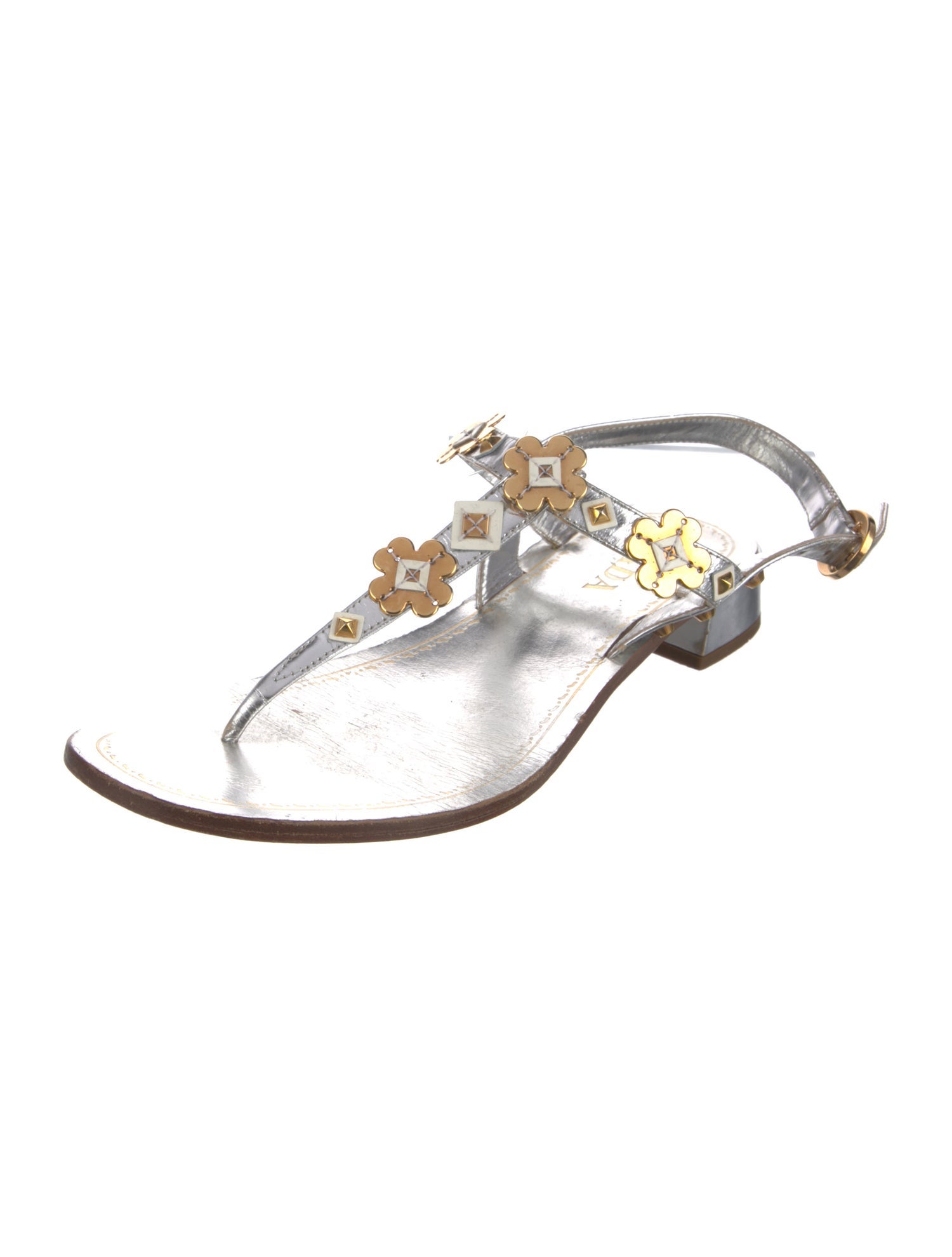 Prada Leather Studded Accents T-Strap Sandals