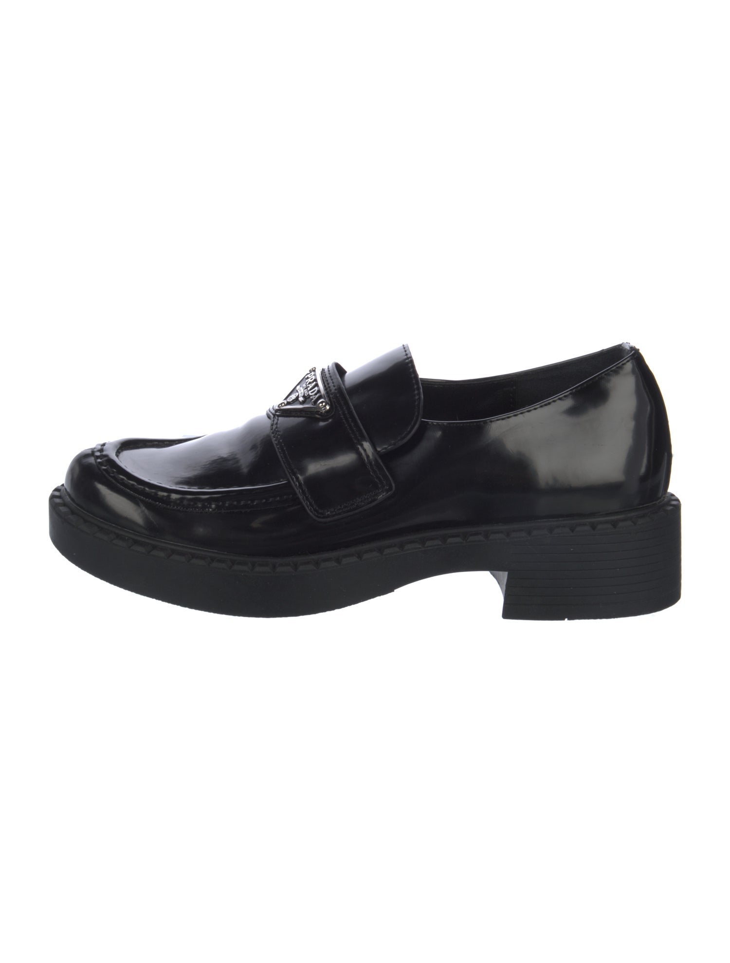 Prada Enameled Metal Triangle Leather Loafers