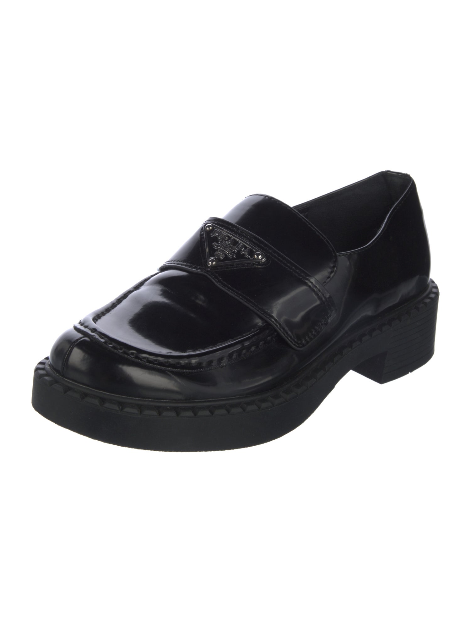 Prada Enameled Metal Triangle Leather Loafers
