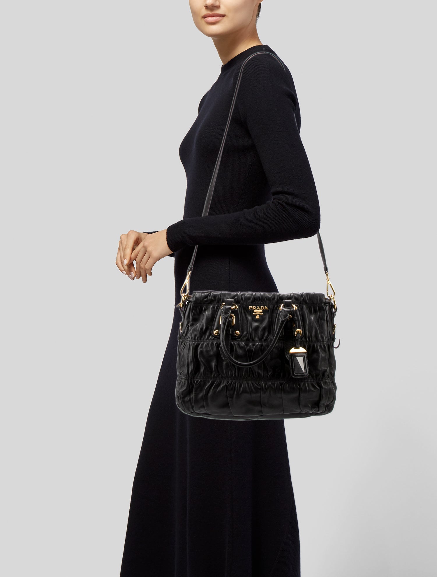 Prada Nappa Gaufre Leather Shoulder Bag Large - Black Totes Prada Nappa Gaufre Leather Shoulder Bag Large - Black Totes