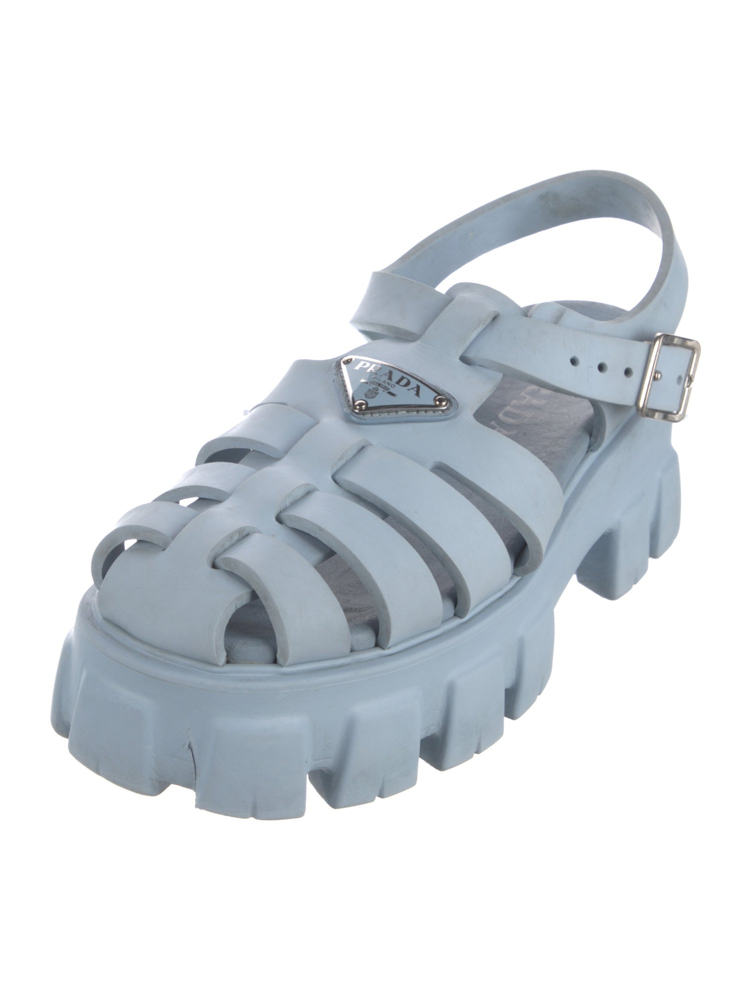 Prada Enameled Metal Triangle Rubber Slingback Sandals