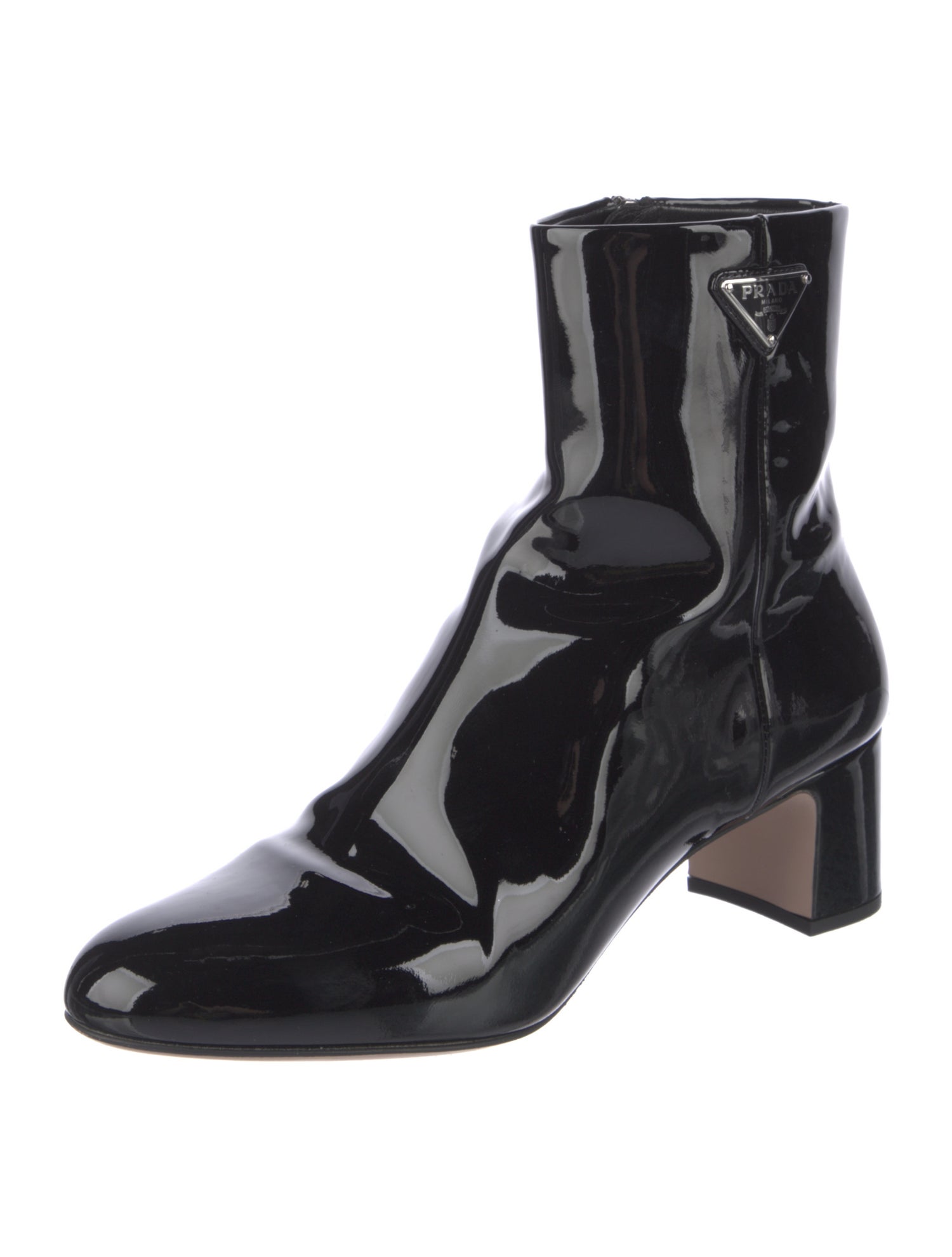 Prada Enameled Metal Triangle Patent Leather Boots