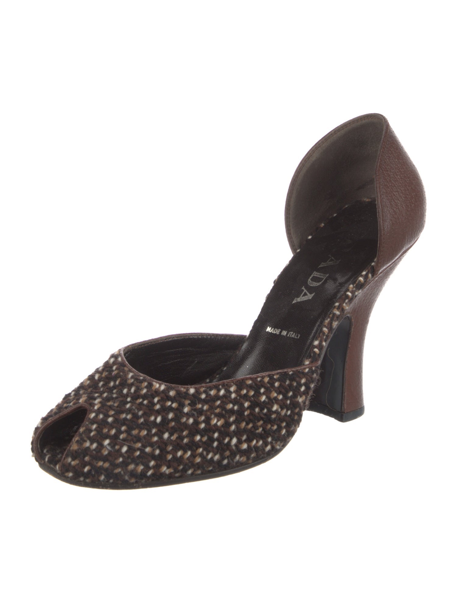 Prada Tweed Pattern Leather Trim Embellishment D'Orsay Pumps