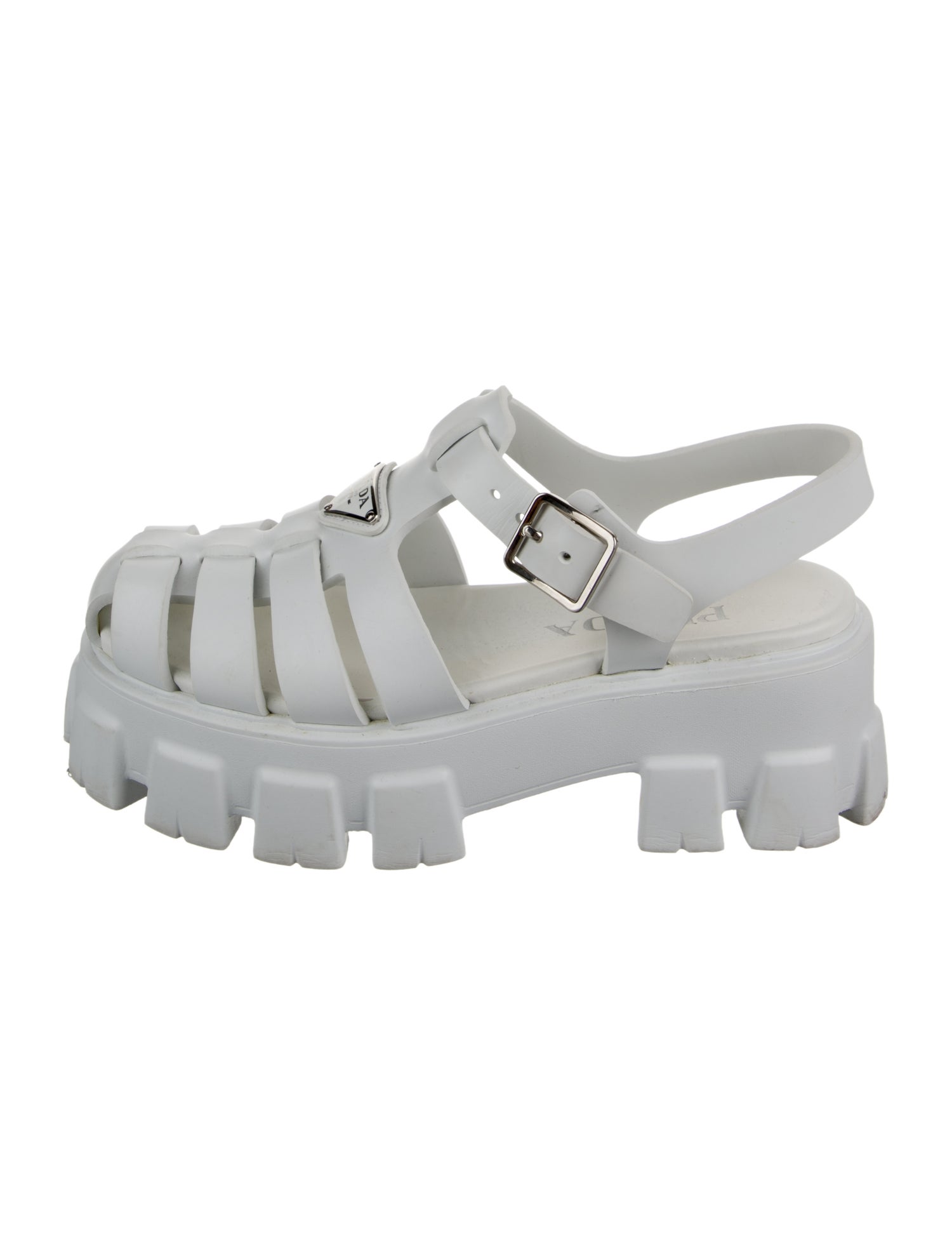 Prada Enameled Metal Triangle Rubber Slingback Sandals