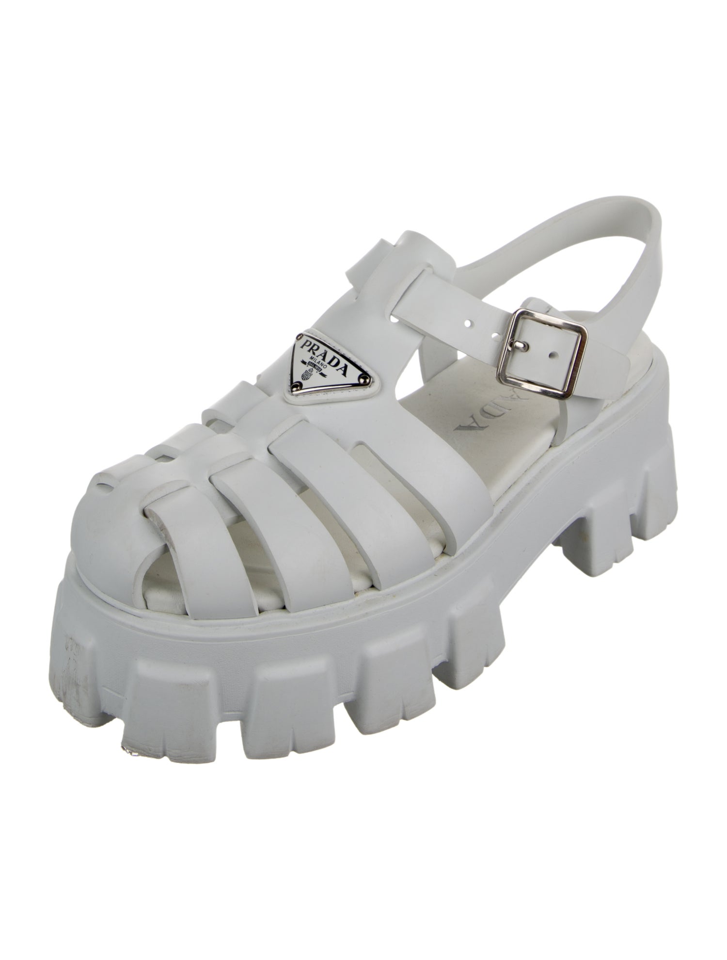 Prada Enameled Metal Triangle Rubber Slingback Sandals