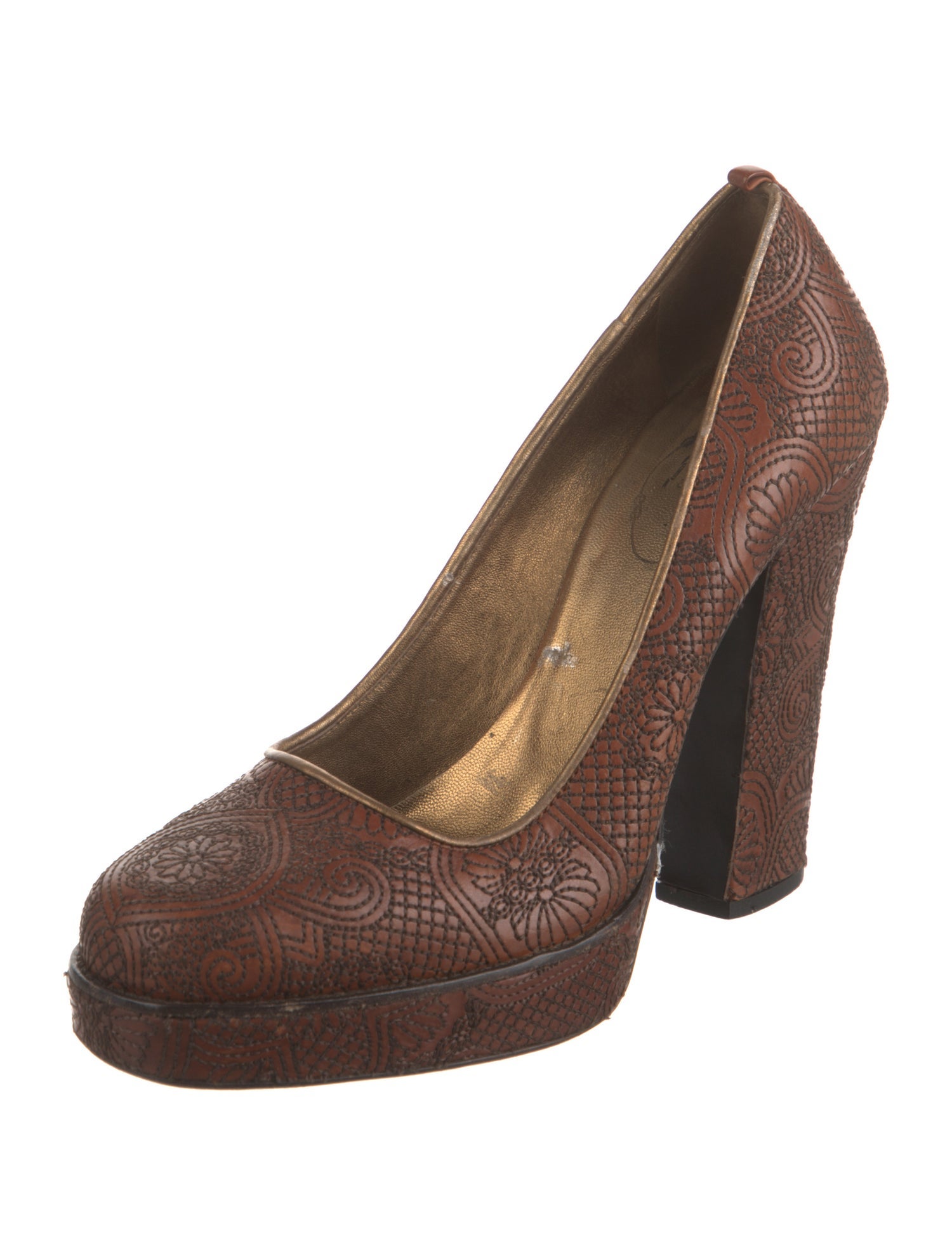Prada Embossed Leather Embroidered Accent Pumps
