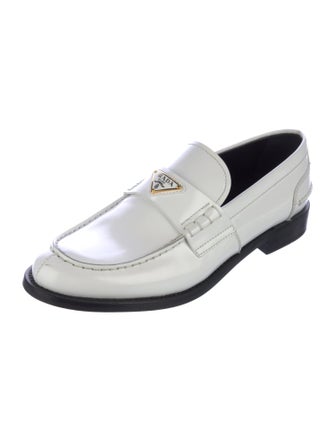 Prada Enameled Metal Triangle Leather Loafers