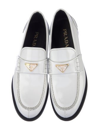 Prada Enameled Metal Triangle Leather Loafers