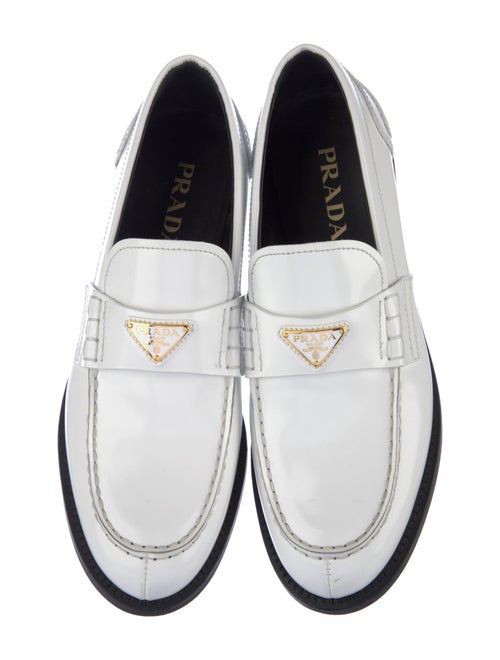 Prada Enameled Metal Triangle Leather Loafers