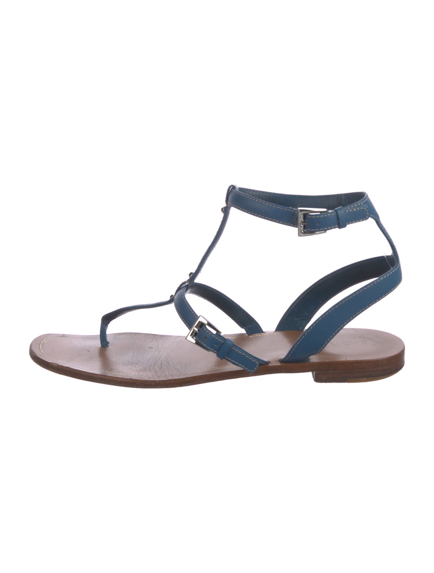 Prada Leather Studded Accents T-Strap Sandals