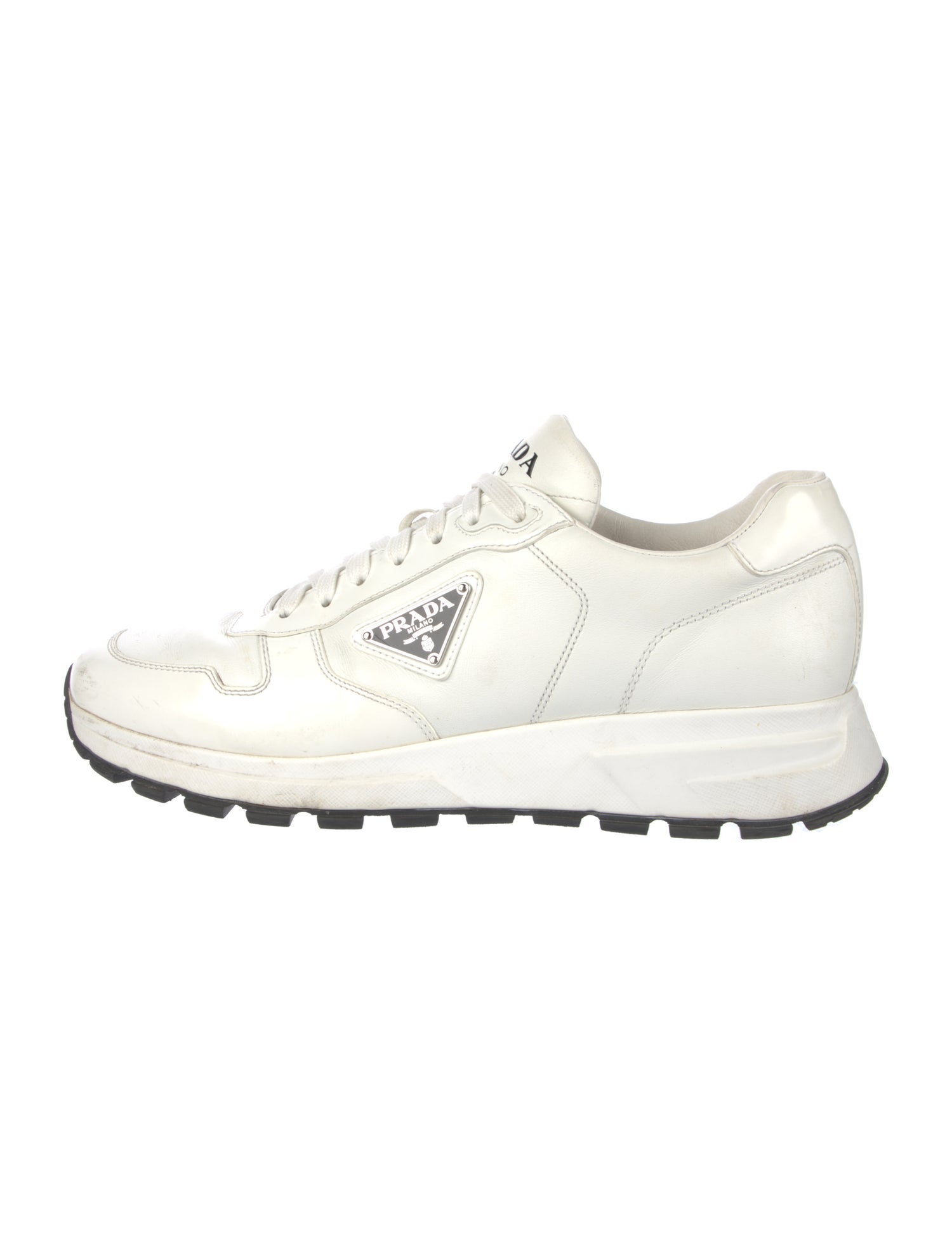 Prada Enameled Metal Triangle Leather Chunky Sneakers