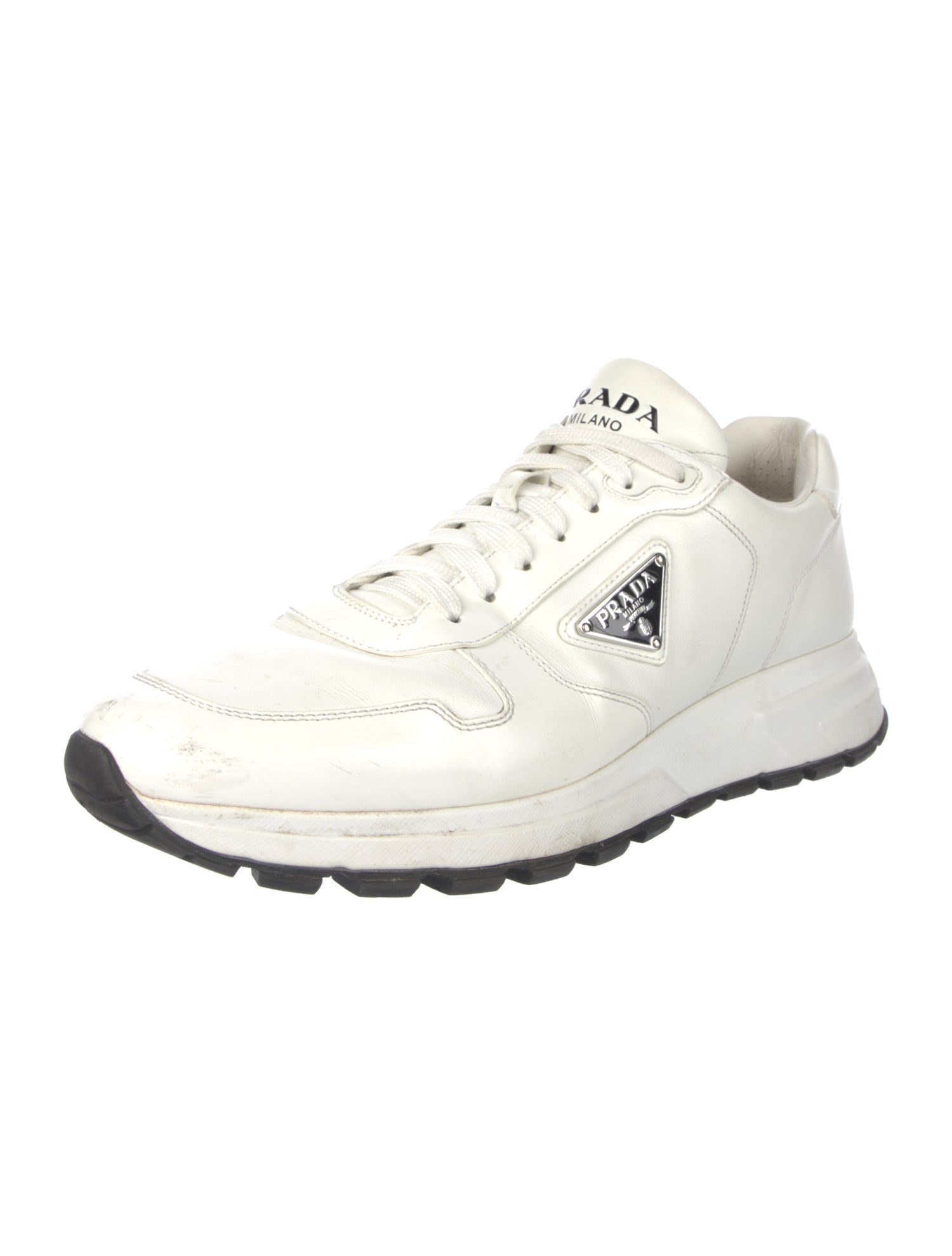 Prada Enameled Metal Triangle Leather Chunky Sneakers
