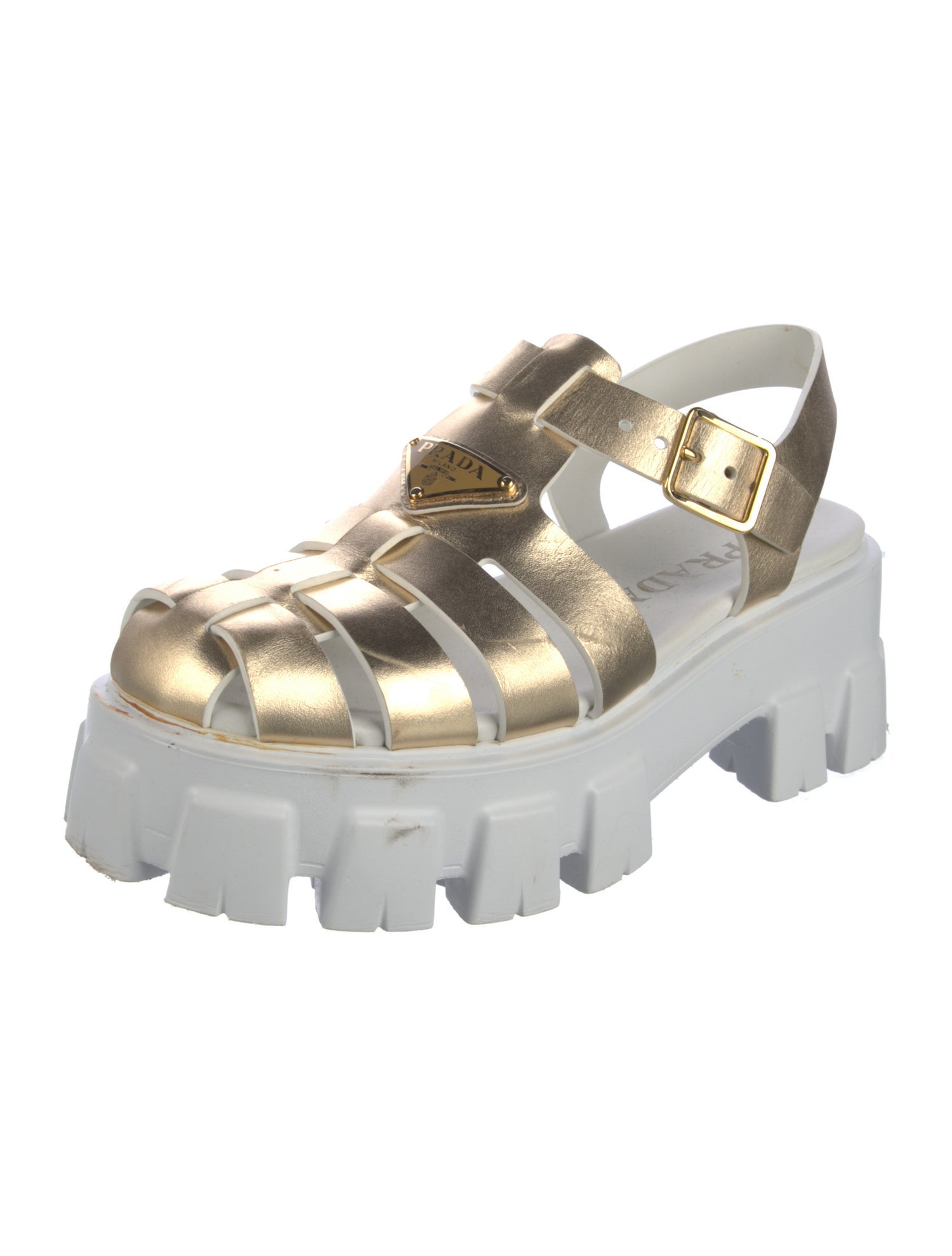 Prada Enameled Metal Triangle Leather Sandals